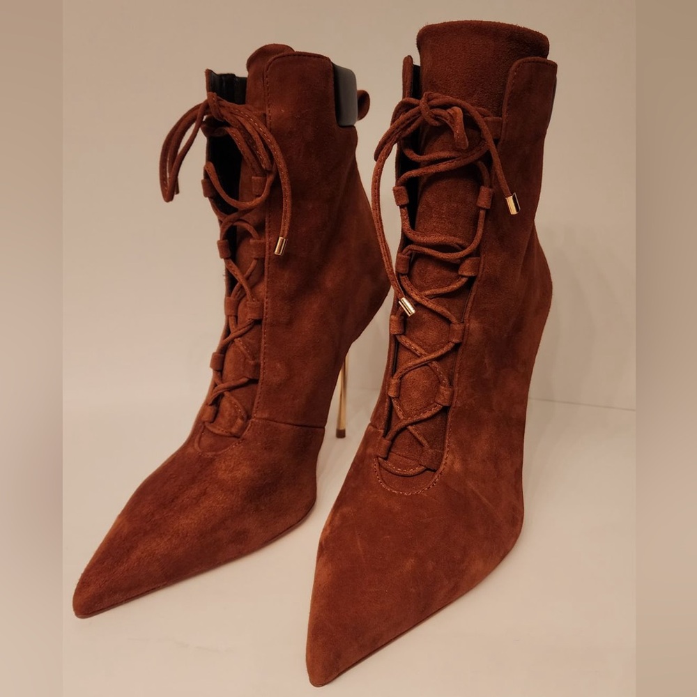 Good American Shoes Good American Brown Suede Booties Lace Up Stiletto Size 8.5 - Picture 7 of 16